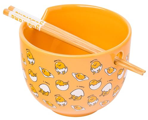 Silver Buffalo Sanrio Hello Kitty and Friends Gudetama I Can't Lazy Yellow Egg Keramik-Ramen-Nudel-Reisschale mit Essstäbchen, mikrowellengeeignet, 590 ml