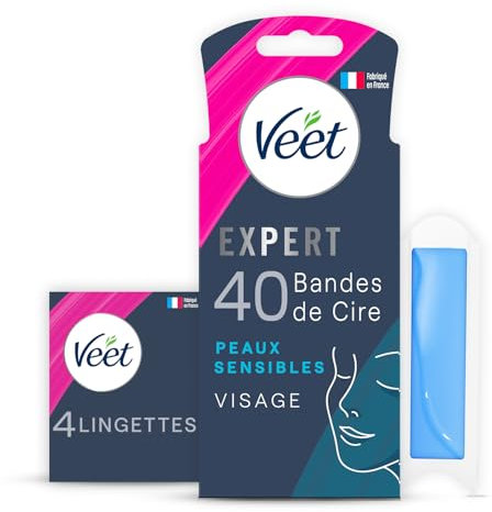 Veet EXPERT - 40 Bandes de Cire Froide Visage - Peaux Sensibles - Finition Parfaite - Epilation Longue Durée