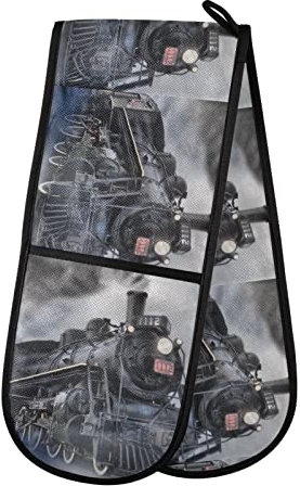 Double Oven Glove Vintage Steam Train Heat Resistant Double Ovens Mitt Modern Cooking Gloves Potholders