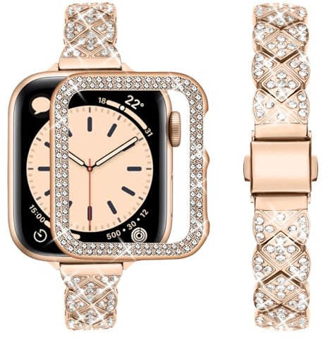 wutwuk Brillante Correa Compatible Apple Watch Mujer 45mm con Diamantes, Correa de Acero Inoxidable Delgada con Funda Protetora para Apple Watch series 9/8/7-Oro Rosa 45mm