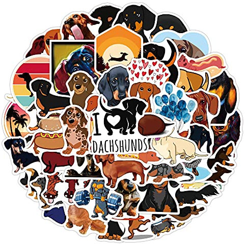 50 Stück Dackel Aufkleber Wasserflaschen Laptop Telefon Gitarre Skateboard Computer Koffer Fahrrad Dachshund Vinyl Stickers Wasserdicht Ästhetisch Aufkleber für Jugendliche Kinder Erwachsene