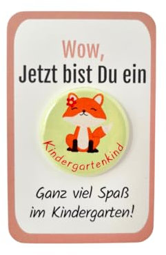 Kindergarten Geschenk Button „Fuchs“ mit Karte OHNE Nadel als Set! Kindergartengeschenk für den ersten Tag im Kindergarten, als Kita Starterset oder als Kindergartentüte Füllung - Jung und Mädchen