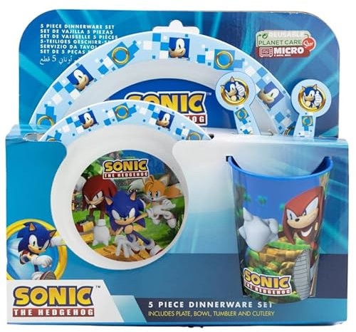 Microwave Safe 5pcs Character Animation 2023 Cartoon Dinner Tableware Set Plate, Bowl, Cup, Fork, Spoon BPA Free re-usable Plastic (Sonic)
