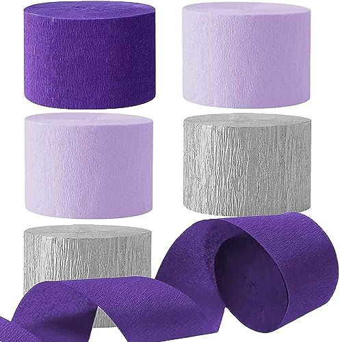 Papel crepé morado Plata de 4,5 cm x 25 m,6 Rollos de Papel serpentinas morado cambio gradual de Fondo para Colgar Fiesta Streamer Decoraciones para Fiestas de cumpleaños, Bodas y Festivales