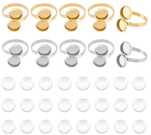 UNICRAFTALE 34 Teiliges DIY Manschettenringe 304 Edelstahl Manschettenringe Runde Ringrohlinge Rahmen Doppelte Tablett Lünette Glas Cabochons Für Die Schmuckherstellung