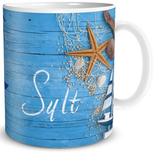 TRIOSK Tasse Sylt Nordsee Insel Souvenir Geschenk Maritim für Reiselustige Nordseeliebhaber Frauen Männer Büro Kollegen, Keramik 300ml
