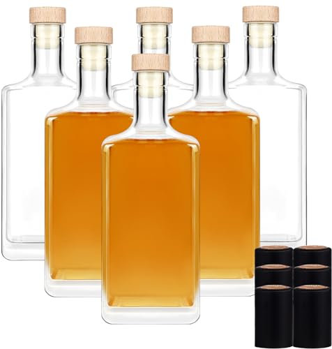 Liengoron 6Pack 8 oz Glass Bottles with Lid 250 ml Clear Empty Bottles with Cork Square Glass Bottle with Cap for Liquor Vodka Brandy Whiskey Beer Water Soda
