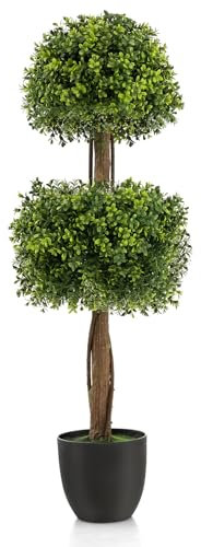 COSTWAY Arbre Topiaire en Buis Artificiel 100 cm avec 2 Boules, Fausse Plante avec Pot en PE Rempli de Ciment Résistant aux UV, pour Décoration de Maison Bureau Jardin et Entrée