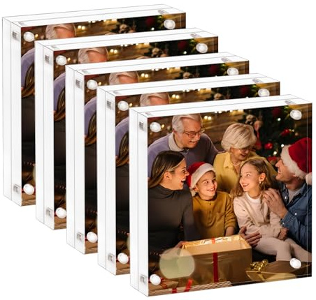 Acryl-Bilderrahmen 15 x 15 cm, transparenter, doppelseitiger, rahmenloser Fotorahmen mit magnetischem, freistehendem Desktop-Acrylrahmen-Display, Lucite-Rahmen mit Geschenkbox, Paket - 5 Stück