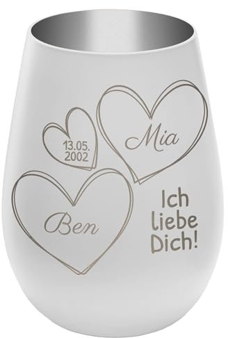 Windlicht mit Gravur ''In Liebe vereint'' - Weiß/Silber - Glas Teelichthalter personalisierbar mit Wunschtext - Geschenk zu Valentinstag Hochzeit Verlobung Jahrestag