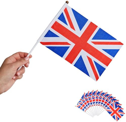 Runesol Pack de 12 Banderas Miniatura Union Jack, 14cm x 21cm, Bandera de Mano Internacional, Bandera en un Palo, Decoración de Banderas, Británica, Bandera Inglaterra, Deportes, Eventos