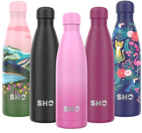 SHO Botella de agua de acero inoxidable, a prueba de fugas, sin BPA, sin sudor, termo de metal de doble pared con aislamiento al vacío, original 2,0-12 horas de calor 24 horas de frío (500 ml, Deux Ro