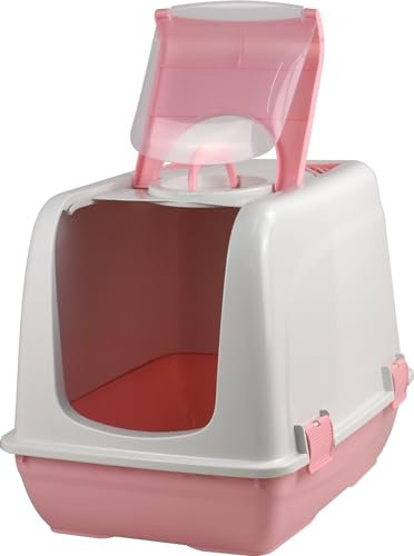 Cat Litter Box Closed Kitten Toilet Loo Tray Indoor & Outdoor Puppy Home Cats Ditachable Toilet Clear Flap Door (Pink)