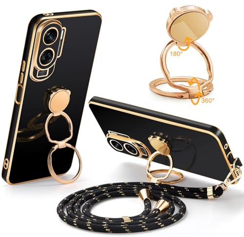 Mkej Coque pour Honor 90 Lite Coque avec Cordon, avec DIY Rotatif Anneau Support Antichoc Souple Silicone avec Collier Amovible Réglable Étui pour Honor 90 Lite Housse