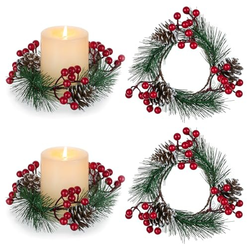 BLOSMON Weihnachten Kranz Kerzen Adventskranz: 4 Stücks Mini Weihnachtskranz Deko wit Rot Beeren Pinienzapfen für Weihnachtsdeko Hochzeit Tischdeko Künstlich Türkranz für Fenster Kerzenhalter Wand