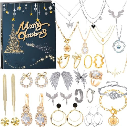 Schmuck Adventskalender 2024 Erwachsene Frauen Teen Mädchen,24-Tage Weihnachten Countdown Kalender mit Halskette Ringe und Ohrringe Weihnachten Überraschungsgeschenke für Mama Freundin Schwester Tocht