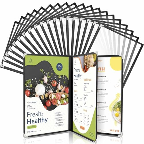 20 Pack A4 Menu Covers, WenYa Clear Recipe Card Holders with Black Trim & Metal Corners, Waterproof Plastic Restaurant Menu Holders for Cafés, Pubs & Home Use - 3 Pages(Book-Style) (6 Views)