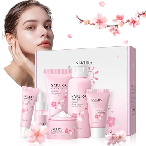 Coffret de soins 6 pièces Sakura, Coffret de soins du visage Sakura, Coffret de soins pour la peau Cherry Blossom, Hydratant et hydratant, set de traitement nettoyant pour le visage