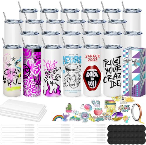WULAIHO Sublimation Blanks Skinny Tumbler, 24 Pack, 20 OZ White Straight Bulk Stainless Steel Tumbler, with Lid and Straw, Shrink Wrap, Individually Boxed, Blank White, Adhesive Tape