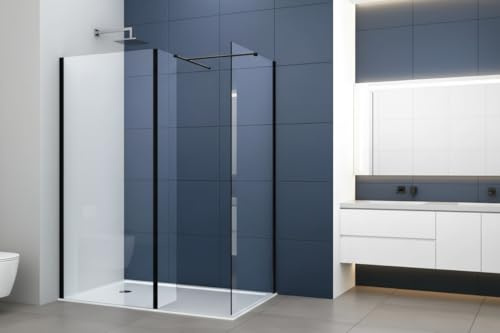 Walk in Shower Enclosure Black Trim 8mm Tempered Safety Glass Wetroom Shower Screen Panel (700mm Screen with 800mm End + Return)