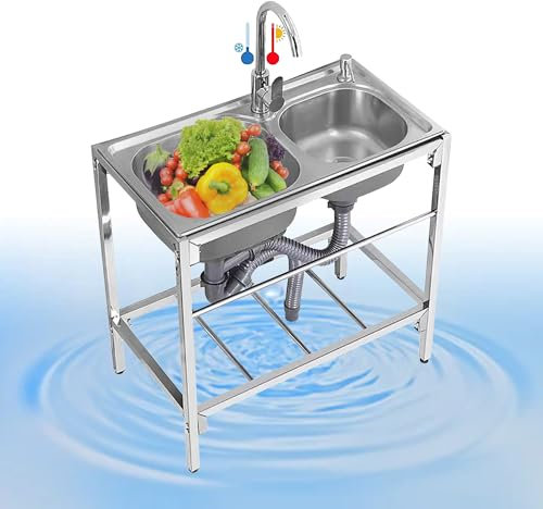 Independiente Fregadero Cocina 2 Senos, Fregaderos Comerciales De Acero Inoxidable con Escurridor y Grifo, Fregadero Utilitario Industriales para Patio Trasero, Garaje, Restaurante