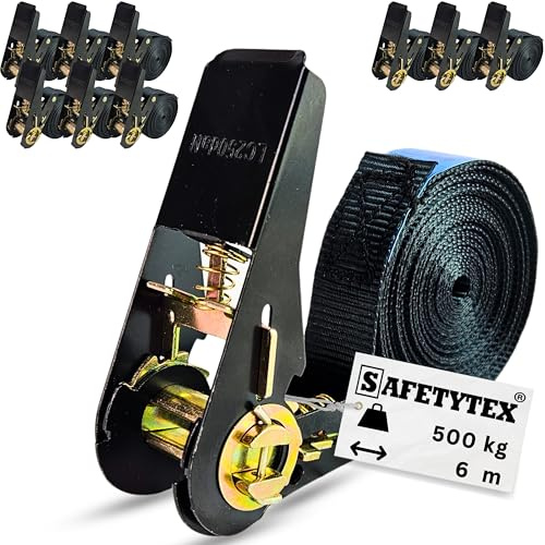 Safetytex Spanngurt Ratsche 500 daN schwarz 25 mm 4-6 m (10 Stück 6m) | Ratschengurt, Zurrgurt, 500 kg Belastbarkeit, einteilig, Länge wählbar, sichere Ladungssicherung, robust