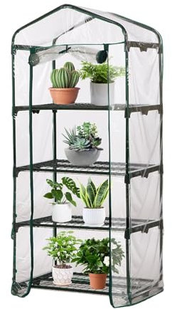 Serra piccola - Serra interna per esterni | Serra per patio posteriore a 3/4 livelli con ruote di bloccaggio, con copertura con cerniera, ripiani in acciaio