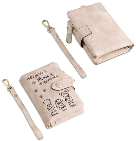 Portefeuille Femme Cuir PU Personnalisé avec Nom de Famille - Porte Monnaie Femme à Multiples Compartiments Cadeau Mamie Noël Original, Anniversaire, Fête des Mères (Rosa-3 Noms)
