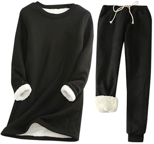 MJGkhiy Tuta Pile Donna Invernale da Casa Taglie Forti Felpa Senza Cappuccio E Pantaloni Felpati Completo Caldo Cotone Pigiama Pile Loungewear Set Due Pezzi Jogging Tute Tinta Unita Completa