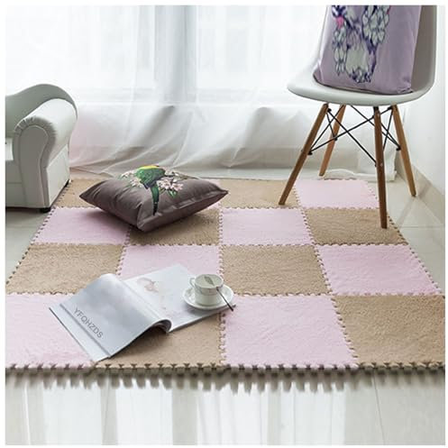 Ineinandergreifende Schaumstoff-Teppichfliesen Mit Rand,16 Stück 12X12 Zoll Große Flauschige Puzzle-Teppichquadrate,Plüsch-Puzzle-Schaumstoff-Bodenmatte,Teppichfliesen Al(Color:Rosa + Hellbraun)