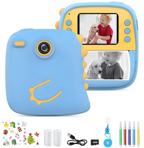 LAIHKUN Appareil Photo Instantané Enfant, 1080P Appareil Photo Instantané avec Carte de 32 Go, Papier d'impression*2 et Autocollants, Cadeaux de Noël pour Les Enfants de 3 à 12 Ans (Bleu)