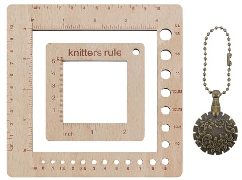 AHANDMAKER 2Pcs Wood Knitting Gauge with Yarn Cutter, Square Knitting Needle Gauge Fabric Quilting Ruler Measuring Tool for Sewing Crochet Accessories