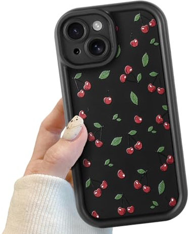 Black Cute Cherry Phone Case for iPhone 15, Cute Red Cherry Pattern Shockproof Bumper Phone Case for Women Girls, Soft TPU Slim Girly Cute Protective Cover for iPhone 15