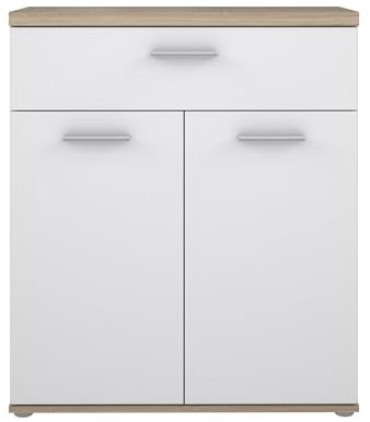 möbelando Kommode >Winnie< in Sonoma Eiche Dekor und Weiß bietet modernen Stauraum mit 2 Türen, 1 Schublade und 1 Einlegeboden. Maße: 79,9x93x34,8 cm. Belastbar bis 40 kg.