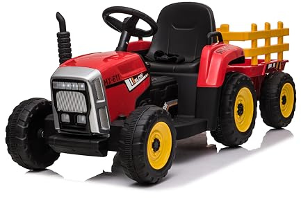 FINOOS 12V Tracteur Électrique Enfants avec Pelle & Remorque Amovible, Véhicule Électrique Enfant avec Lumière LED & Musique & Klaxon, Télécommande 2,4G, 2-6km/h pour Enfants de 1 Ans+ (Rouge)