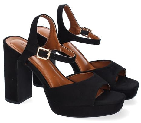 shoes&blues.es 91948 Sandalia de Tacon para Mujer, Comodas y Elegantes, Diseno Moderno con Pala Abierta y Cierre de Hebilla, Ideales para Primavera-Verano. Negro Talla 38