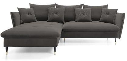 DomoHome Ecksofa Glam mit Schlaffunktion, Freistehend, Ottomane und Goldenen Füßen – Samtsofa im Glamour-Stil für Ihr Wohnzimmer, mit Zierkissen, 258x167x91cm, Linke Seite DUNKELGRAU