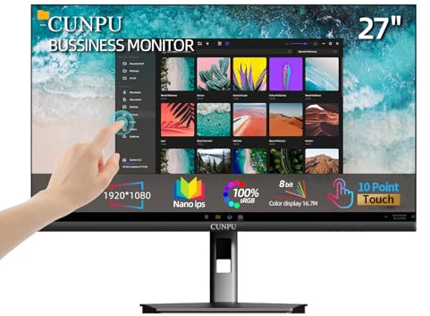 CUNPU 27 Inch Touchscreen Monitor, 10 Point Touch, FHD 1080P 60Hz Nano IPS Screen, 100% SRGB, VESA Wall Mountable, Tilt Adjustment, VGA HDMI for PC, Laptop Business & Work Station