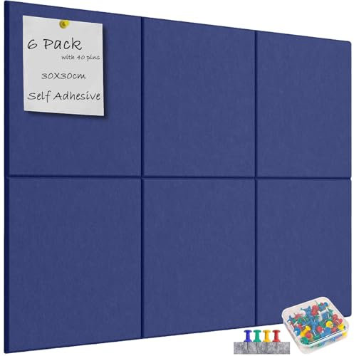 Kongming Pinnwand Filz Selbstklebend mit 40 Reißzwecken, 6 Stück 9mm Dick Pinwand, 30 * 30cm Pinnwand Groß Wanddekoration für Fotos, Notiz-memoboard für Zuhause Küche Büro Schule (Blau)