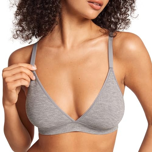SOULVOR Women's Natrelax Triangle Bralette No Underwire Plunge Unlined Ribbed Soft Wireless Bra V Neck Sexy Everyday Moon Heather Grey Medium
