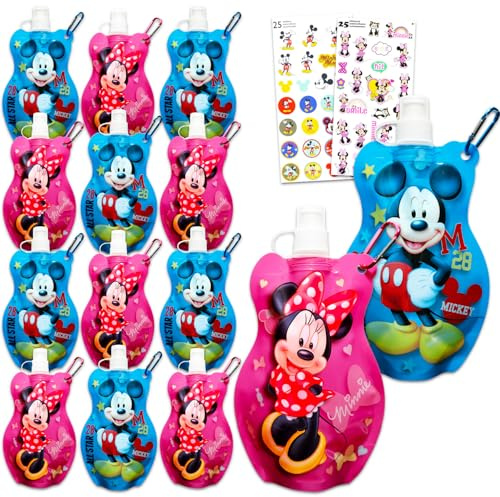 Mickey and Minnie 15.55 Oz Reusable Water Pouches - 12 Piece Bundle with 15.55 Oz Water Bottles with Pull Top Lid Plus Stickers for Boys, Girls | Bulk Mickey and Minnie Mouse Party Favor Drink Pouches