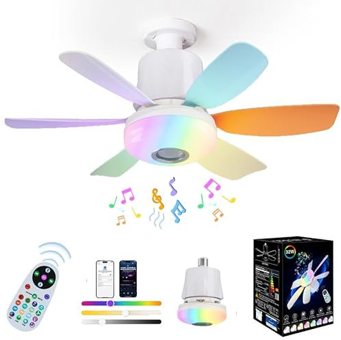 47cm RGB Ceiling Fan with Lights, 32W E27 Socket Dimmable Ceiling Fan with 3 Speeds, 6 Blades and Remote Control Support & Bluetooth Music Player, Timing Function for Living Room/Bedroom (Colorful)