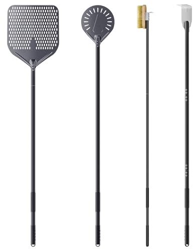 NUTUNI 4er Pizzaofen-Set Gesamtlänge 160cm, 35 cm Rechteckiger Pizzaschieber 23 cm Pizzaschaufel aus Hart Eloxiertes Aluminium, Pizzaofenbürste, Ascherechen, Holzofen Pizzaofen Zubehör für Restaurant