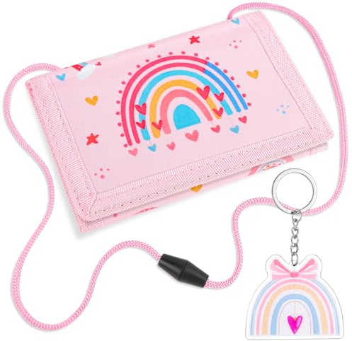 Brustbeutel Kinder, Dreifach Gefaltete Geldbörse mit Schlüsselanhänger, Portemonnaie für Jungen & Mädchen, Regenbogen Design, Geldbeutel zum Umhängen, Einschulung Geschenk, 1 Münzfach, 5 Kartenfächer