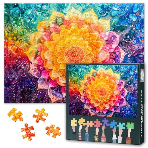 1000 Teile Puzzle für Erwachsene Florales Mandala Kunst mit Bunten Wassertropfen Lebendiges Natur Design Meditation Puzzle Entspannende Herausforderung Home Deko 70x50 cm