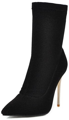 Gicoiz Sequins Tacón de Agujas Mujer Puntiagudo Botas Elásticas Sin Cordones Fiesta Moda Tacón Alto Boda Elegante Media Pierna Botín Negro Talla 36 EU