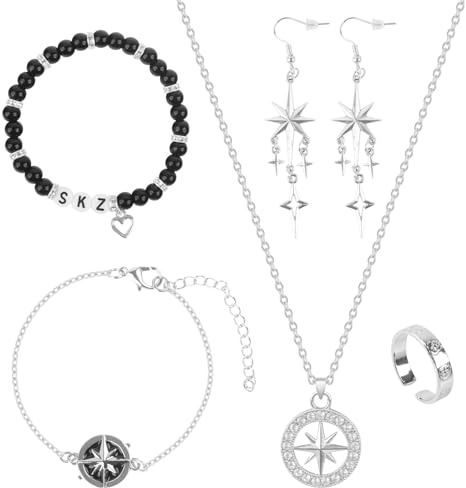LjFrexia 5 Stück Stray Schmuck Geschenkset, Kpop Stray Kids Gifts Set, SKZ Kompass Halskette & STAY Armband, mit 2 Armband, Ringe, Halskette, Ohrringen, Kpop-Stray-Kids-Geschenk-Set, STAY Merch Sets