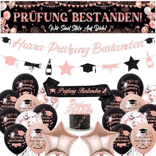 Prüfung Bestanden Deko Luftballons Banner - Abschluss Dekoration Girlande Ballons Schärpe und Tortendeko, Folienballon für Abitur Abschlussfeier Bachelor Graduation Graduierung