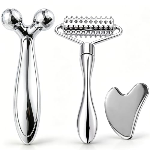 3D Edelstahl Gesichtsroller & Gua Sha Set (3-in-1), Gesichtsmassage Roller Akupunktur-Massagerolle, natürlicher Anti-Aging-Gesichtsroller bei Augenschwellungen Hand Hals fördert die Durchblutung