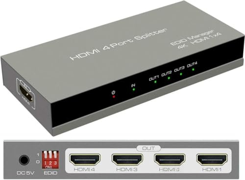 4 Port HDMI Splitter 4K@30Hz, HDMI Splitter 1 in 4 Out Full HD 1080P 3D, Mirror Audio Video Output Adapter for Gaming Console Laptop Projector HDTV